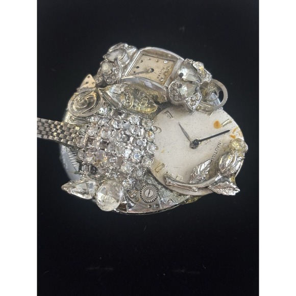 Steampunk Brooch Watch Dial Parts Rhinestones One Of A Kind Piece Of Art - Picture 5 of 8